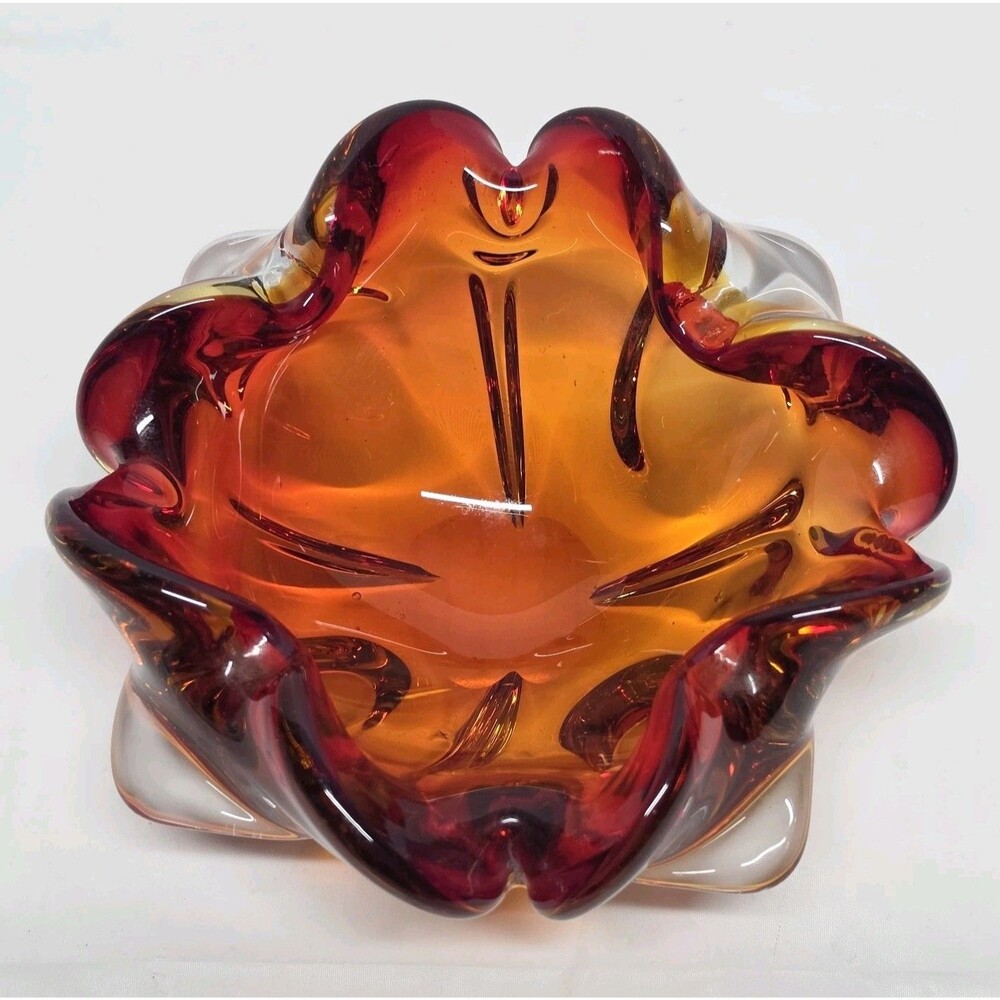 Vintage Murano Amberina Art Glass Bowl Ashtray Red Orange To Clear Italy MCM